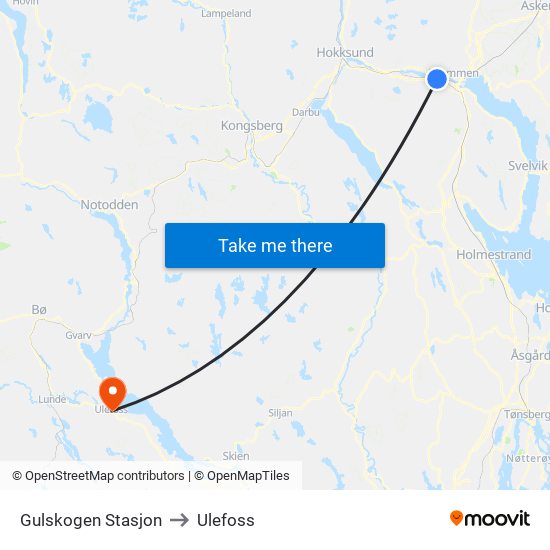 Gulskogen Stasjon to Ulefoss map