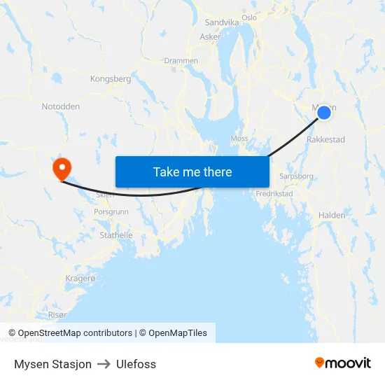 Mysen Stasjon to Ulefoss map