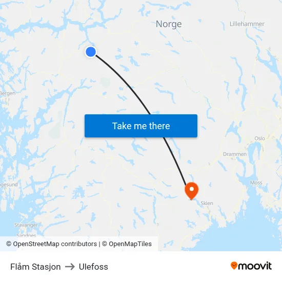 Flåm Stasjon to Ulefoss map
