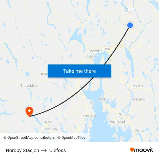 Nordby Stasjon to Ulefoss map