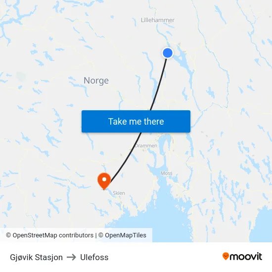 Gjøvik Stasjon to Ulefoss map