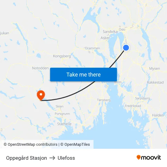 Oppegård Stasjon to Ulefoss map
