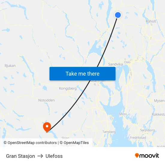 Gran Stasjon to Ulefoss map