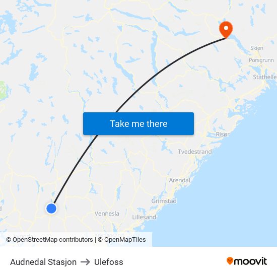 Audnedal Stasjon to Ulefoss map