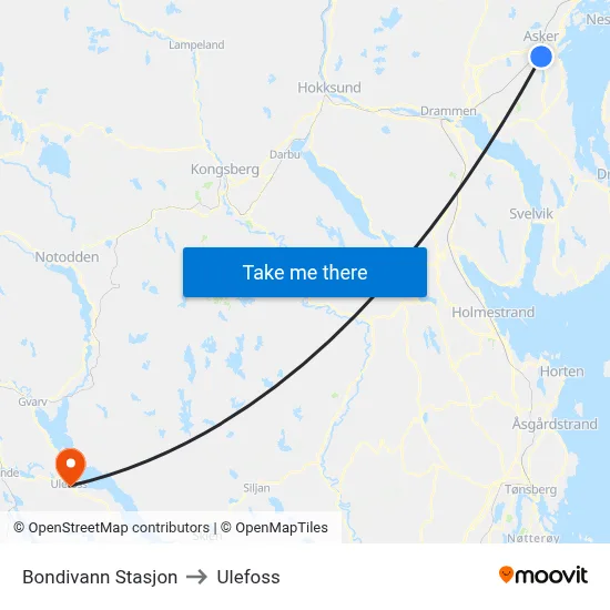 Bondivann Stasjon to Ulefoss map