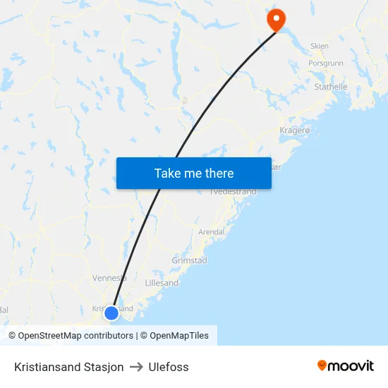 Kristiansand Stasjon to Ulefoss map