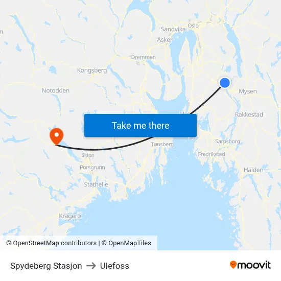 Spydeberg Stasjon to Ulefoss map