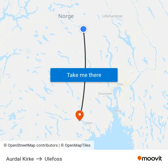 Aurdal Kirke to Ulefoss map