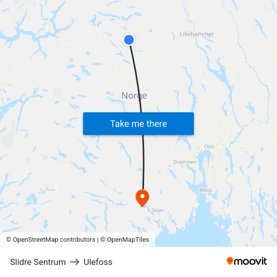 Slidre Sentrum to Ulefoss map