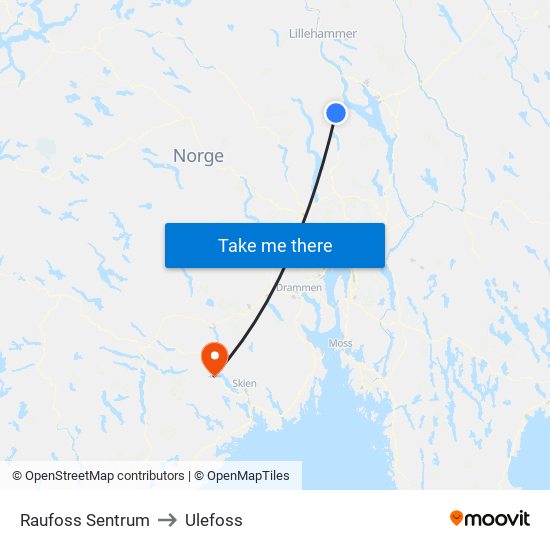 Raufoss Sentrum to Ulefoss map