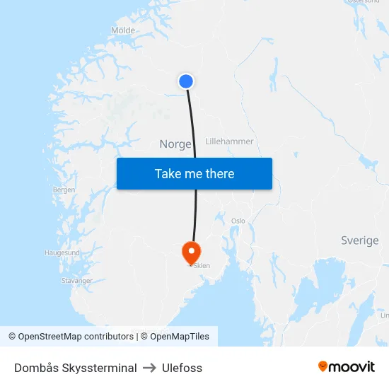 Dombås Skyssterminal to Ulefoss map