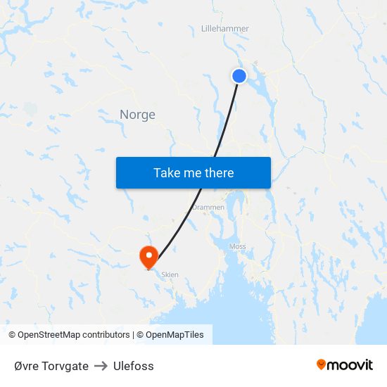 Øvre Torvgate to Ulefoss map