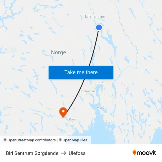 Biri Sentrum Sørgående to Ulefoss map