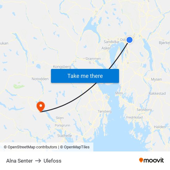 Alna Senter to Ulefoss map