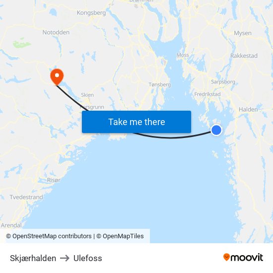 Skjærhalden to Ulefoss map