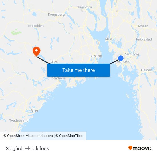 Solgård to Ulefoss map