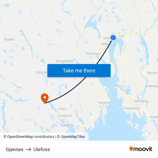 Gjønnes to Ulefoss map