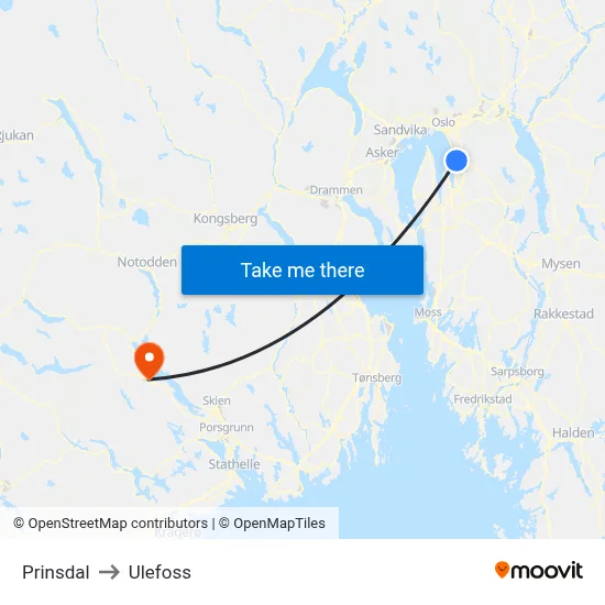 Prinsdal to Ulefoss map