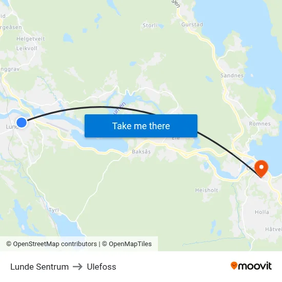 Lunde Sentrum to Ulefoss map