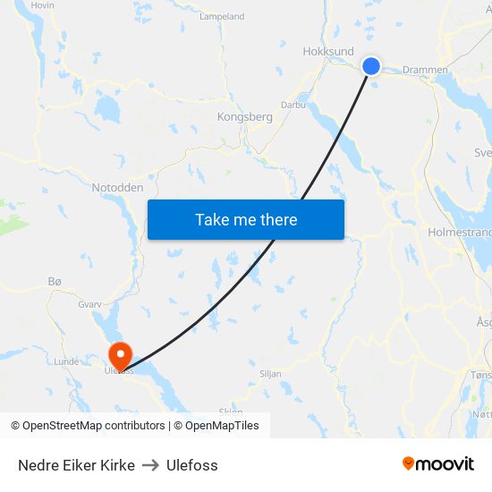 Nedre Eiker Kirke to Ulefoss map