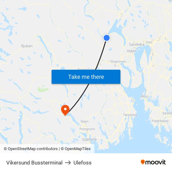 Vikersund Bussterminal to Ulefoss map