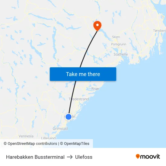 Harebakken Bussterminal to Ulefoss map