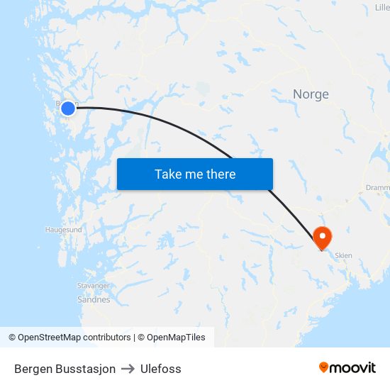 Bergen Busstasjon to Ulefoss map