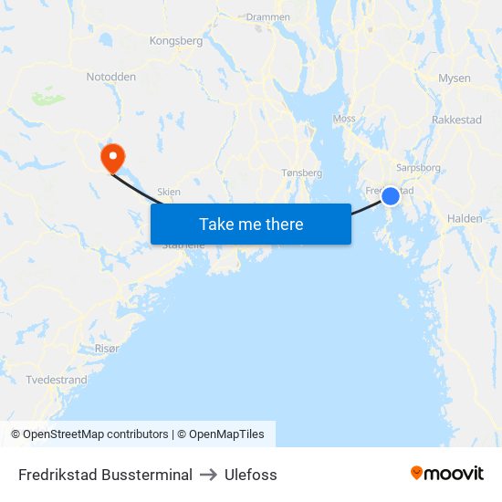 Fredrikstad Bussterminal to Ulefoss map