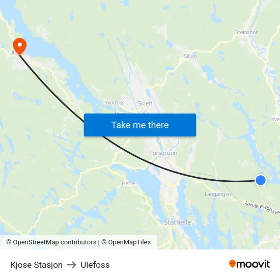 Kjose Stasjon to Ulefoss map