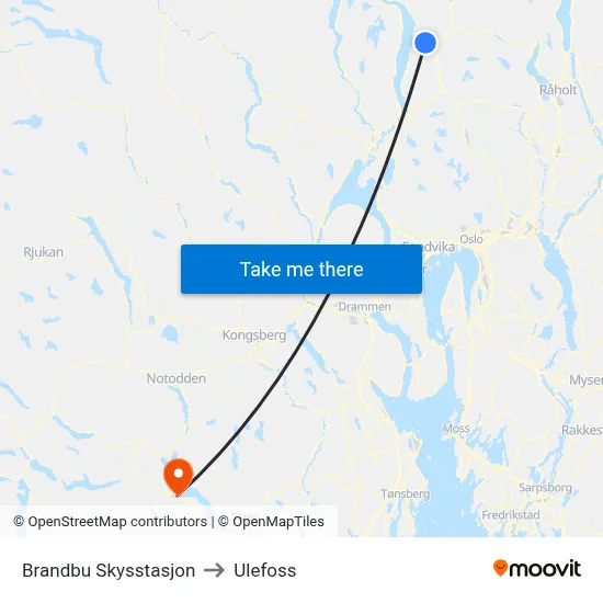 Brandbu Skysstasjon to Ulefoss map