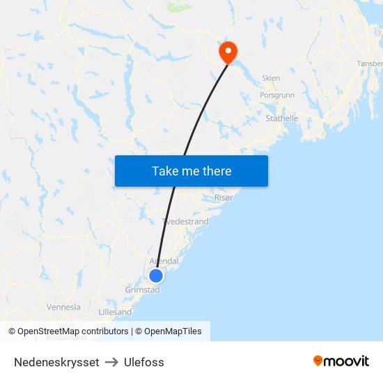 Nedeneskrysset to Ulefoss map