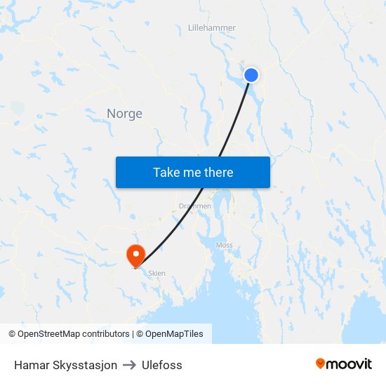 Hamar Skysstasjon to Ulefoss map