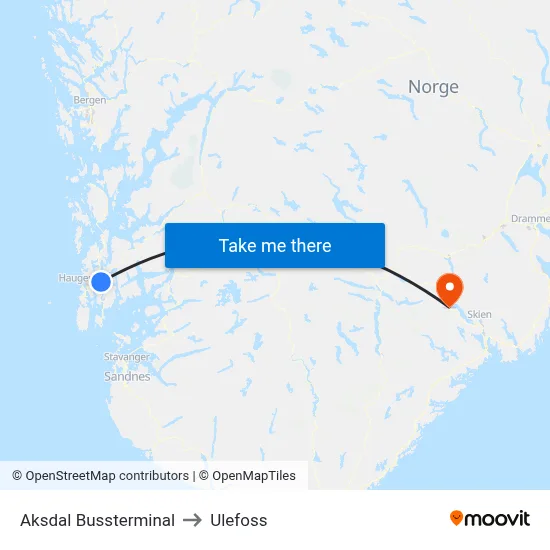 Aksdal Bussterminal to Ulefoss map