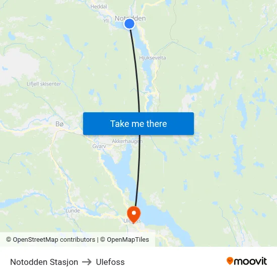 Notodden Stasjon to Ulefoss map