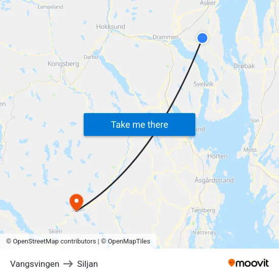 Vangsvingen to Siljan map