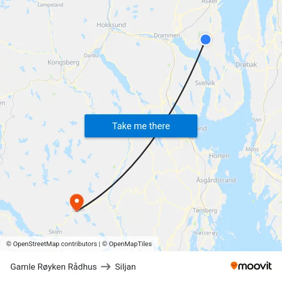 Gamle Røyken Rådhus to Siljan map