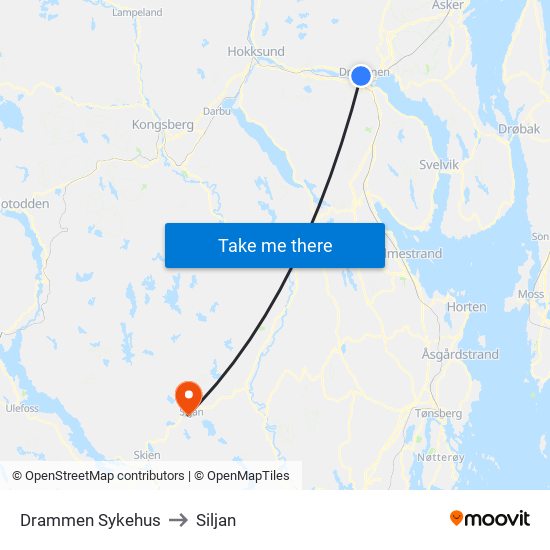 Drammen Sykehus to Siljan map
