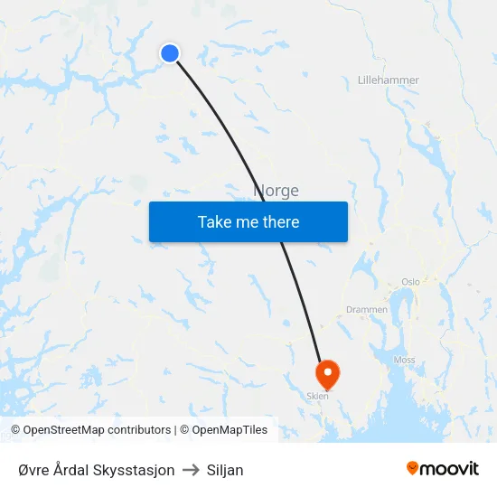 Øvre Årdal Skysstasjon to Siljan map