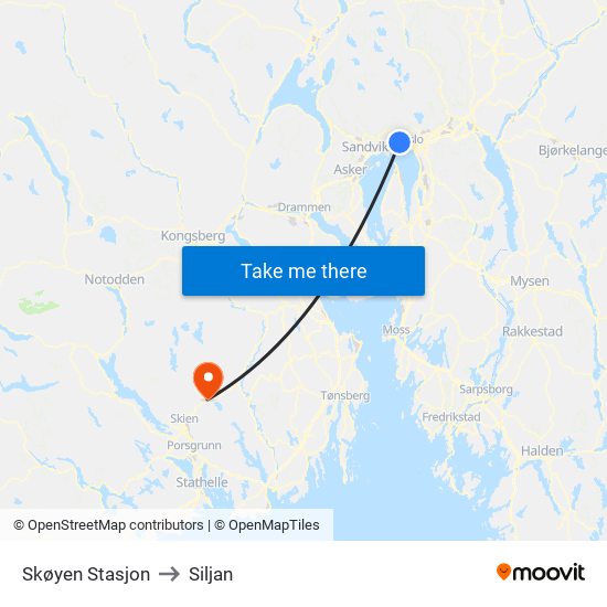Skøyen Stasjon to Siljan map