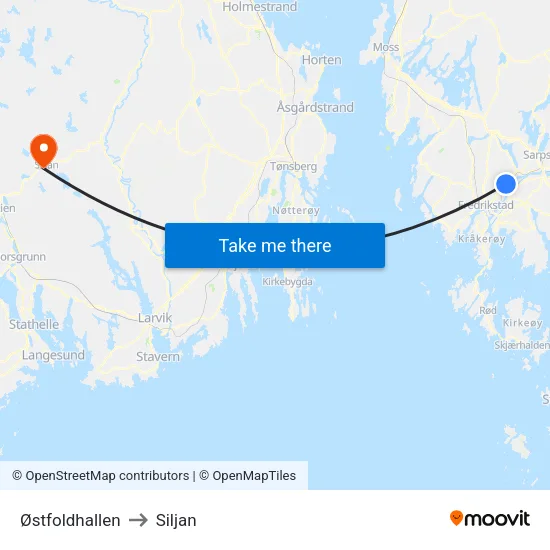 Østfoldhallen to Siljan map