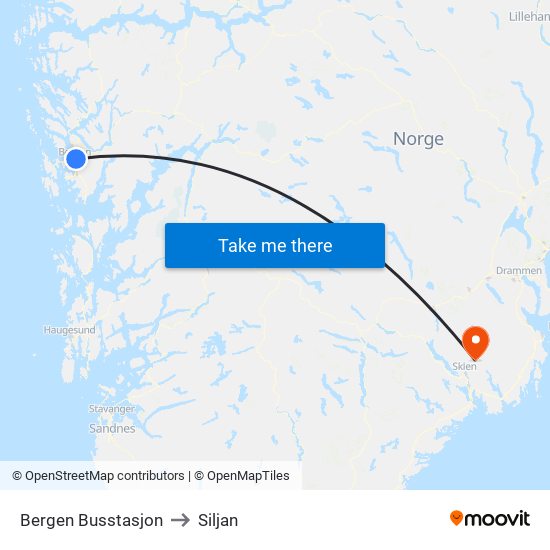 Bergen Busstasjon to Siljan map