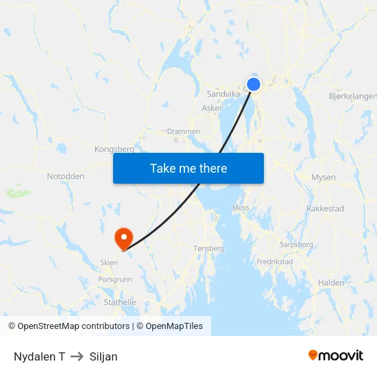 Nydalen T to Siljan map