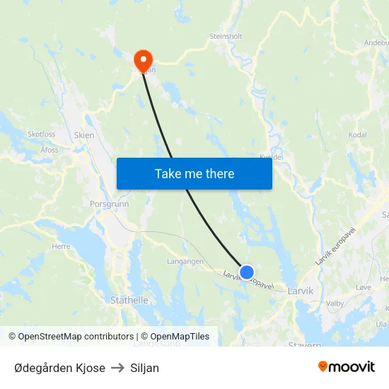 Ødegården Kjose to Siljan map