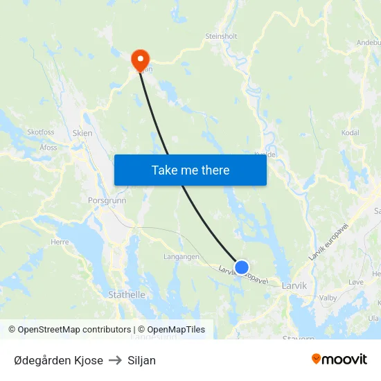 Ødegården Kjose to Siljan map
