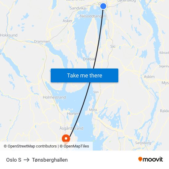 Oslo S to Tønsberghallen map