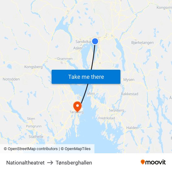 Nationaltheatret to Tønsberghallen map