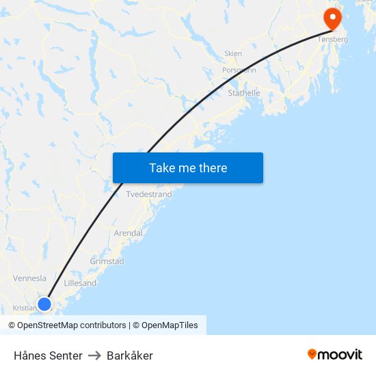 Hånes Senter to Barkåker map