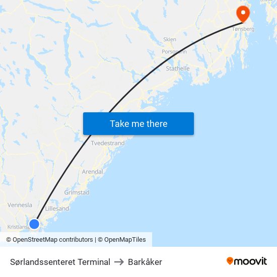 Sørlandssenteret Terminal to Barkåker map