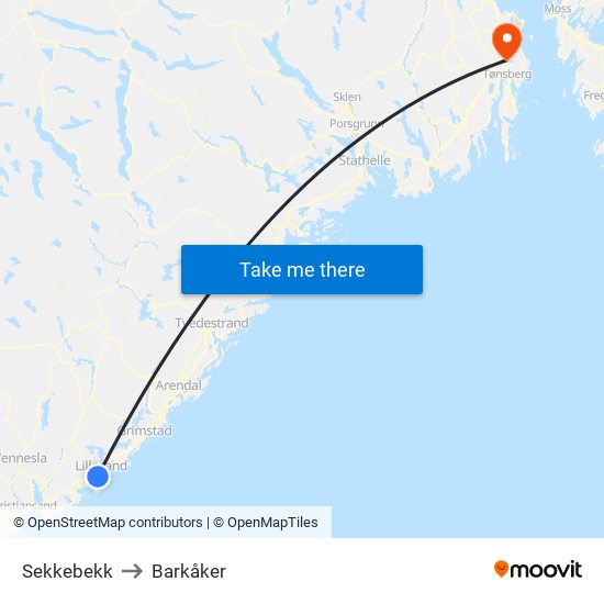 Sekkebekk to Barkåker map