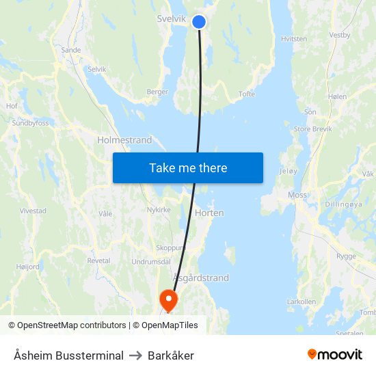 Åsheim Bussterminal to Barkåker map